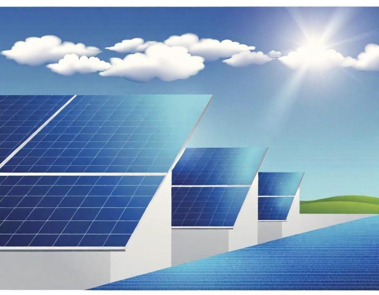 Pannelli solari su tetti con cielo blu e sole splendente.