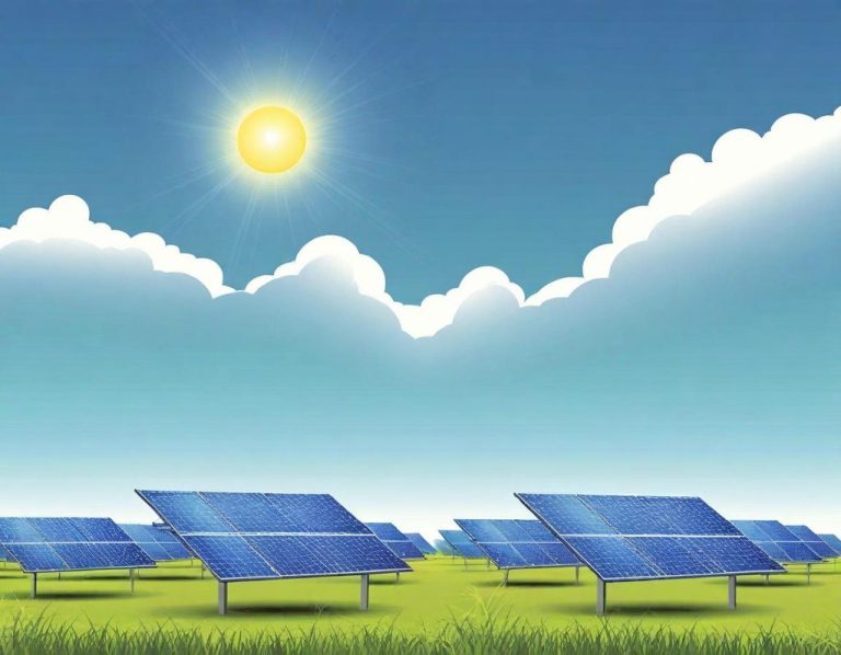 Pannelli solari su un campo verde, sotto un cielo azzurro con sole brillante.