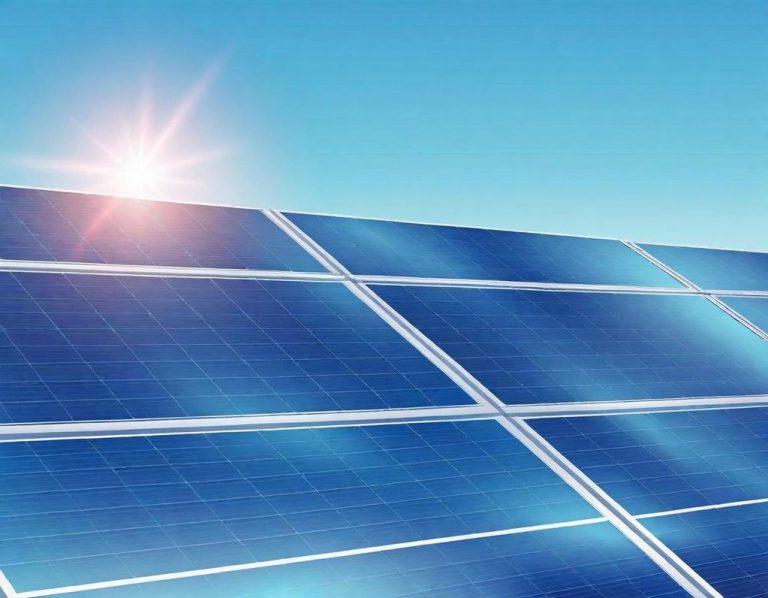 Pannelli solari blu con sole che sorge sullo sfondo blu del cielo.