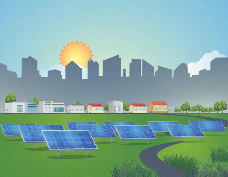 Pannelli solari in un campo con skyline urbano e sole all'orizzonte.